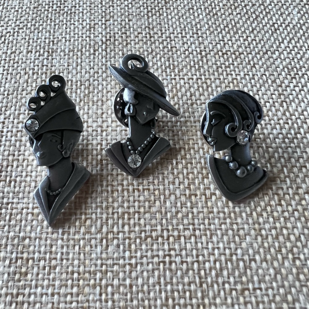 Vintage JJ Jonette Jewelry Art Deco lot of 3 Women Pins Matt Pewter EUC